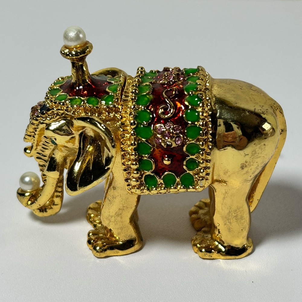 Ornate Enamel Faux Pearl Gold Elephant Heavy Trinket Box Ring Home Accent Decor